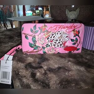 NWT 🐅Ed Hardy Pink Floral Leopard Wristlet/Wallet with Crystal & Floral Accents